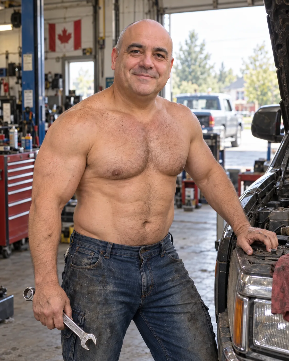April — The Mechanic — Hell of a Guy 2027 calendar photo (staged example)