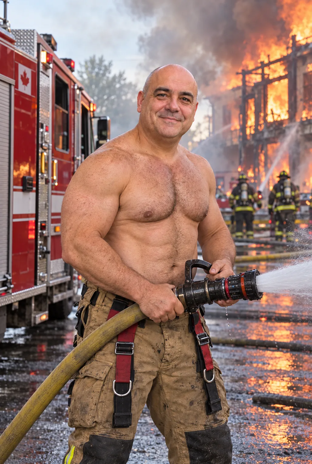 A guy transformed into a firefighter for his personalized Hell of a Guy 2027 calendar