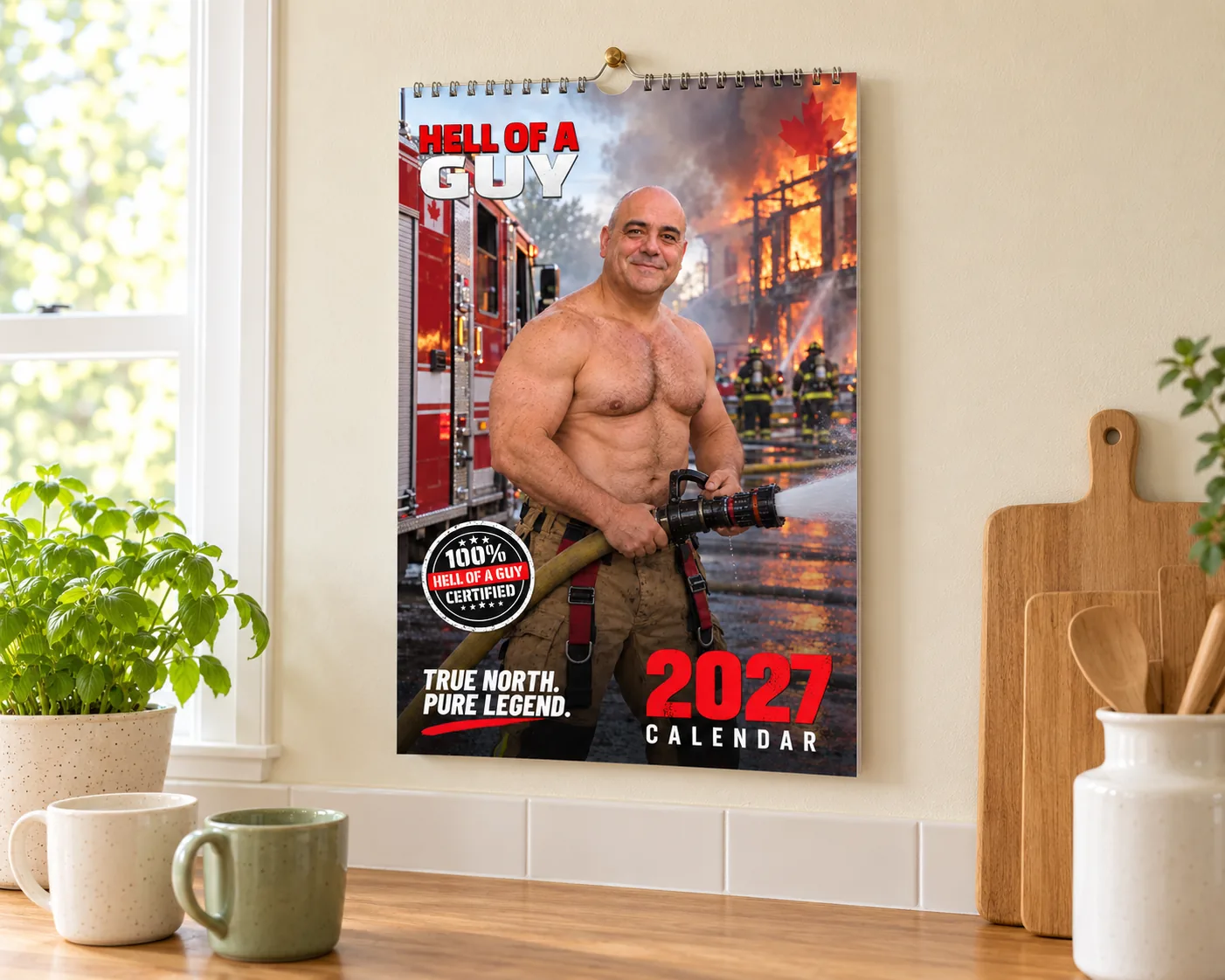 Printed Hell of a Guy 2027 wall calendar with Wire-O binding hanging at home