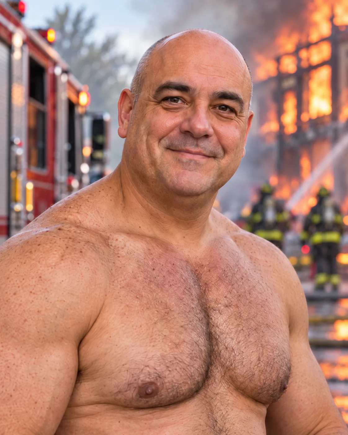 Close-up of the firefighter transformation showing facial likeness detail (staged example)
